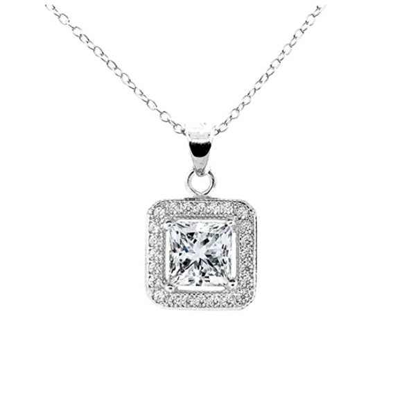 Women's 925 Sterling Silver Halo CZ Square Princess Cut Pendant Necklace 18" - Picture 2 of 2